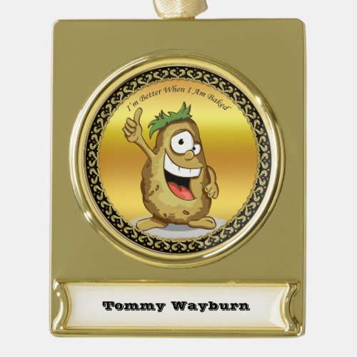 Cartoon character potato with green hair gold plated banner ornament