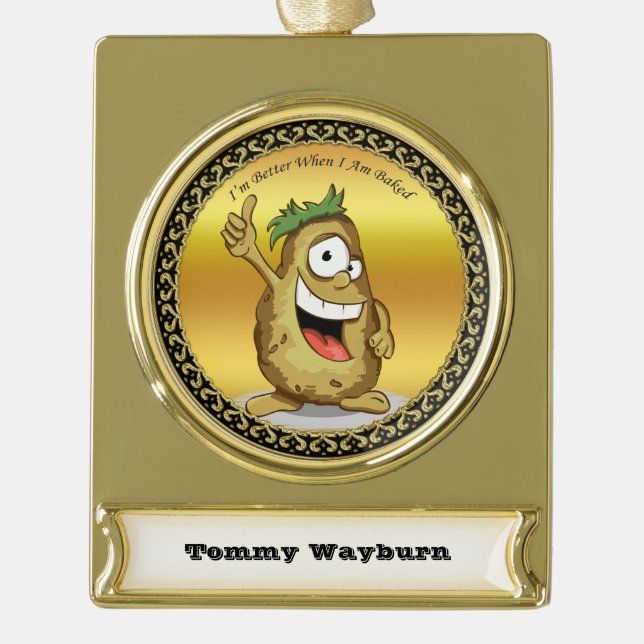 Cartoon character potato with green hair gold plated banner ornament (Front)