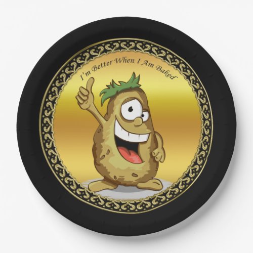 Cartoon character potato with green hair paper plates