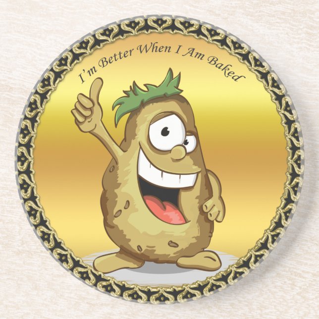 Cartoon character potato with green hair sandstone coaster (Front)