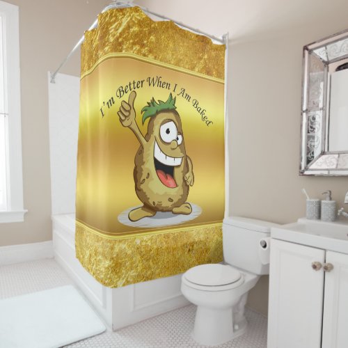 Cartoon character potato with green hair shower curtain