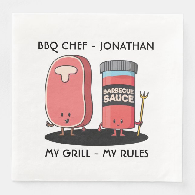Cartoon Characters Steak & Sauce Custom BBQ Chef Paper Dinner Napkins (Front)