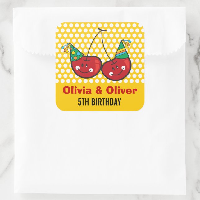 Cartoon Cheeky Cherries With Party Hats Birthday Square Sticker (Bag)