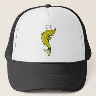 Cartoon Chef Baker Cook Trout Fish Trucker Hat