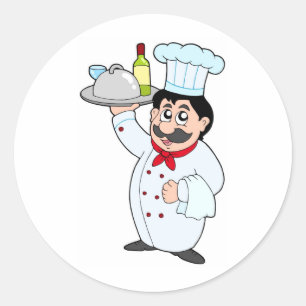Cartoon chef holding meal and wine classic round sticker