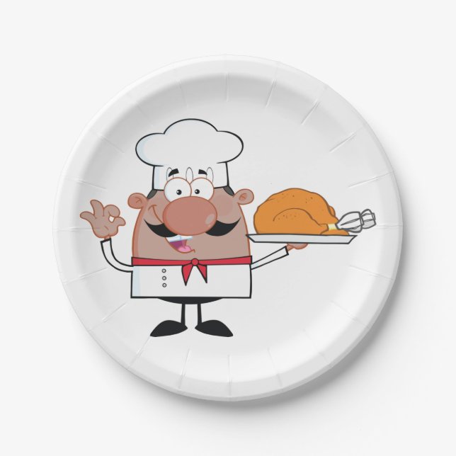 Cartoon Chef Holding Roast Turkey Paper Plates (Front)