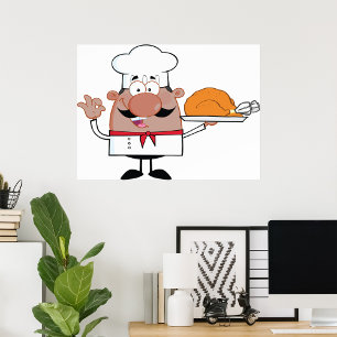 Cartoon Chef Holding Roast Turkey Poster