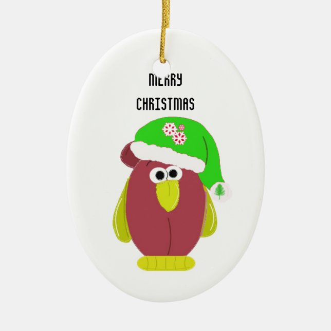 Cartoon Chicken in a Santa Hat Ceramic Ornament (Front)