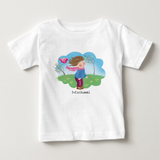 cartoon child freezing outside in autumn, seasons baby T-Shirt (Front)