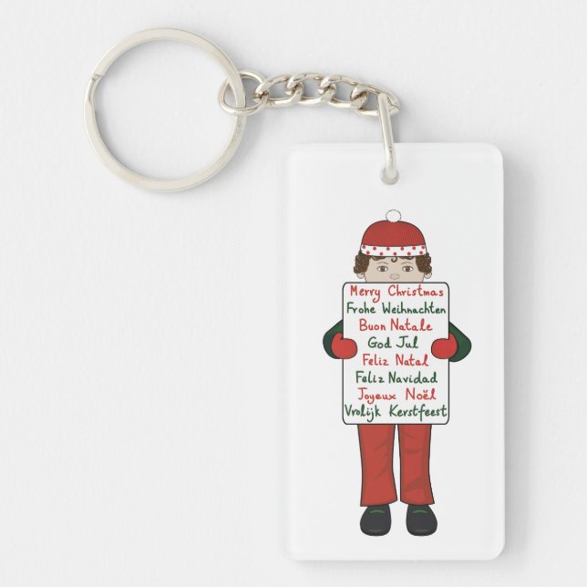 Cartoon Child holding Christmas Greetings Sign Keychain (Front)