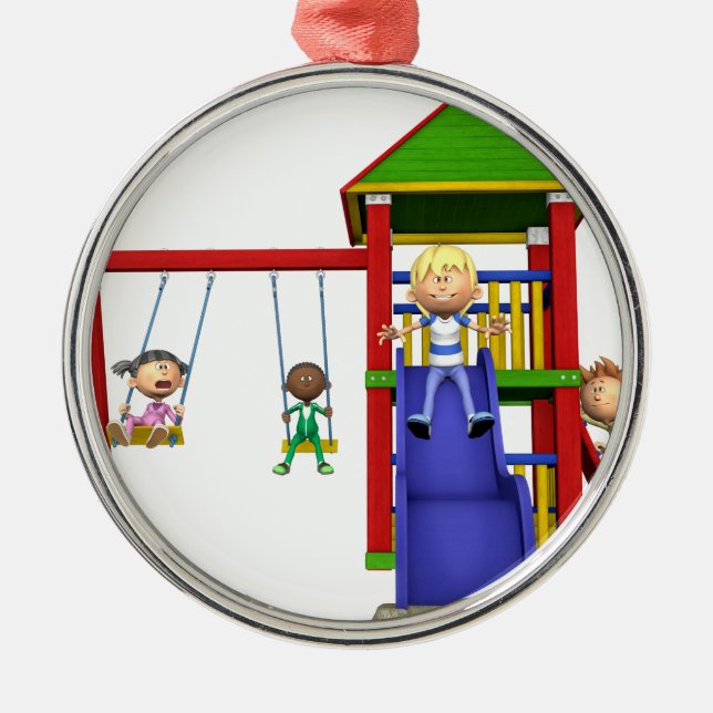Cartoon Children at a Playground Metal Ornament (Front)