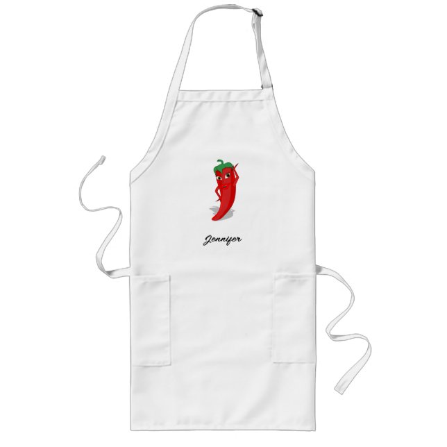Cartoon Chili Pepper With Custom Name Long Apron (Front)