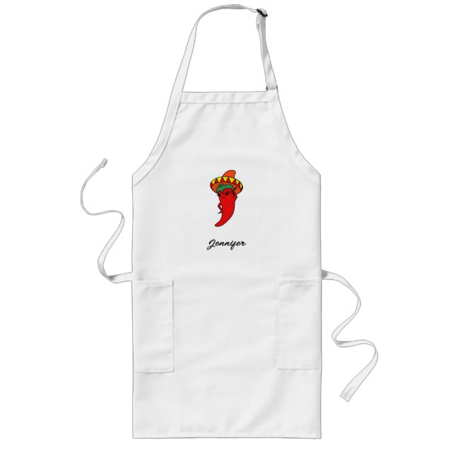Cartoon Chili Pepper With Custom Name Long Apron (Front)
