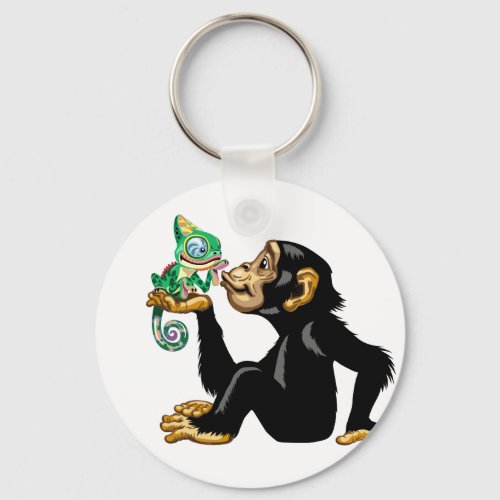 Cartoon chimpanzee holding a chameleon keychain