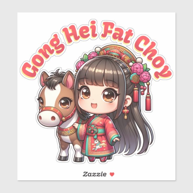 Cartoon Chinese New Year Horse and Girl Sticker (Sheet)