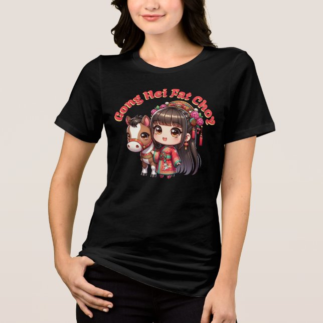Cartoon Chinese New Year Horse and Girl Tri-Blend Shirt (Front)