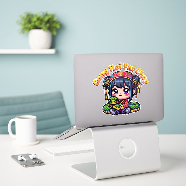 Cartoon Chinese New Year Snake and Girl Sticker (Laptop On Desk)
