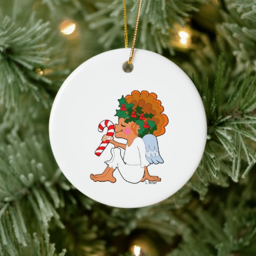 Cartoon Christmas Angel with Candy Cane Ornament