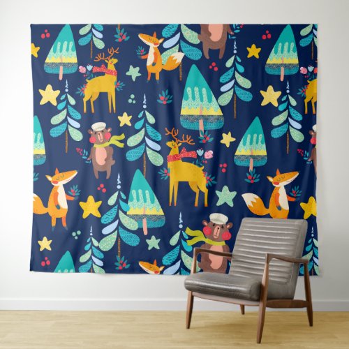 Cartoon Christmas animals and trees pattern Tapestry