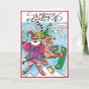 Cartoon Christmas Card- Santa Skiing Holiday Card