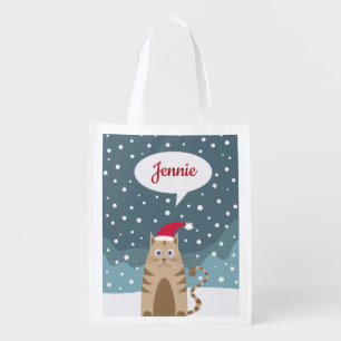 Cartoon christmas cat animal in snowy night grocery bag