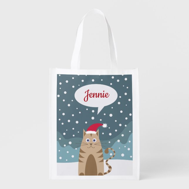 Cartoon christmas cat animal in snowy night grocery bag (Front)