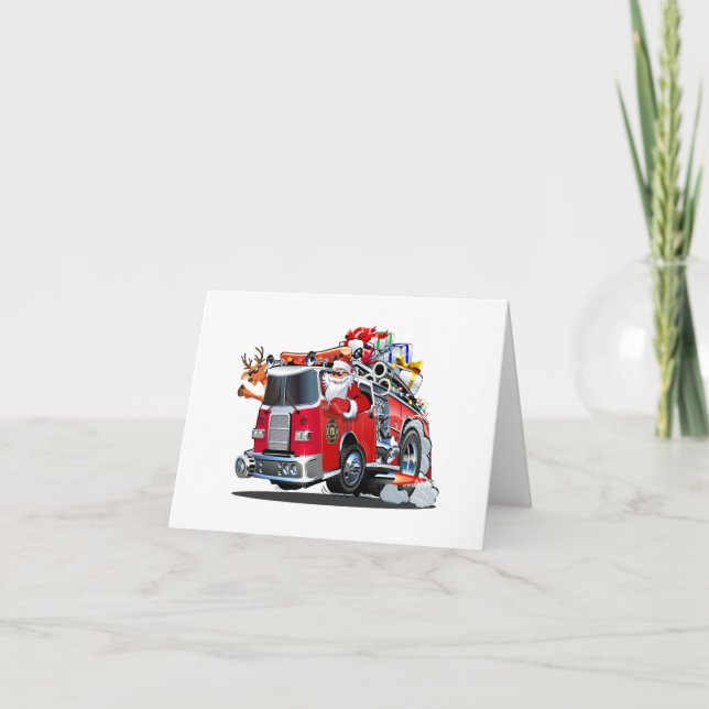 Cartoon Christmas firetruck Holiday Card (Front)