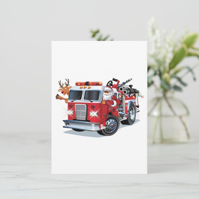 Cartoon Christmas firetruck Holiday Card (Standing Front)