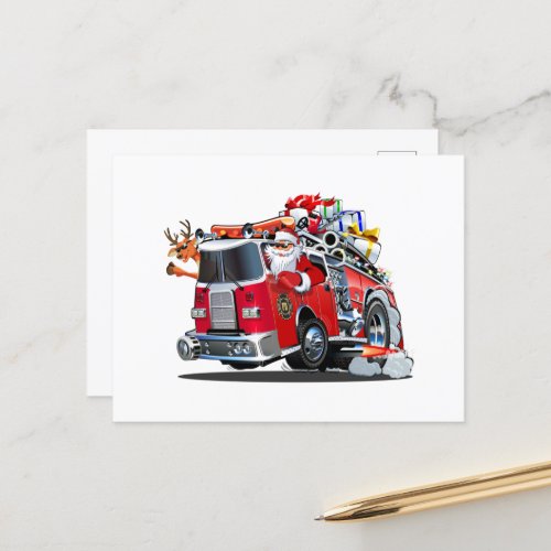 Cartoon Christmas firetruck Postcard