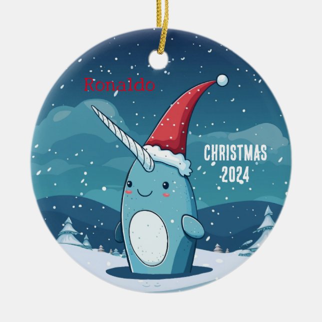 Cartoon Christmas Narwhal Personalized Ornament  (Front)