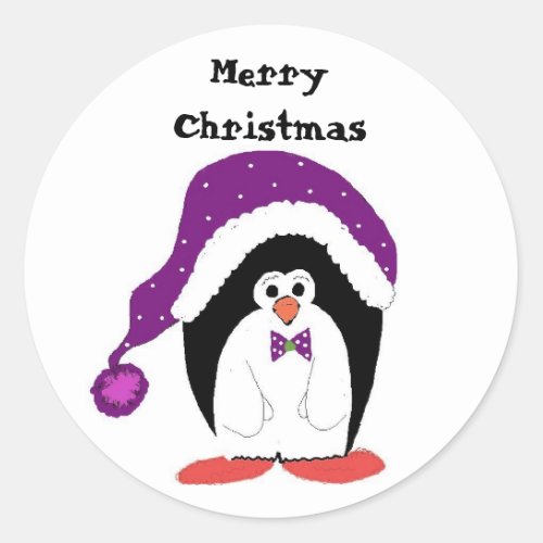 Cartoon Christmas Penguin Classic Round Sticker