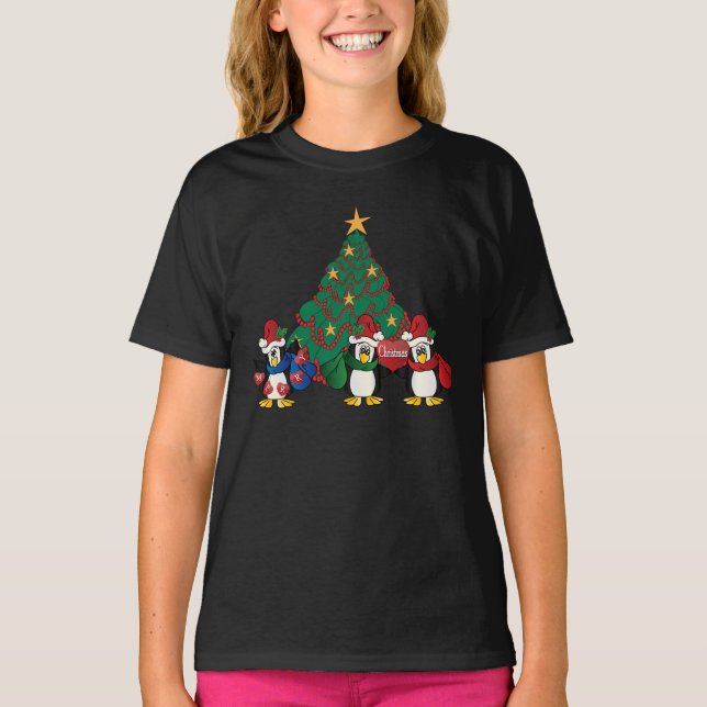 Cartoon Christmas Penguins Illustration T-Shirt (Front)