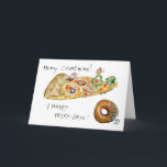 Cartoon Christmas Pizza and Donut Holiday Card<br><div class="desc">Have some humor with your holidays! These cartoon foods are having a pizza party to wish you "Merry Crustmas". There's dancing green peppers, a green pepper Christmas tree with a cute cartoon mushroom cap wearing a red cap. There's a pepperoni being a snow angel in the cheese and a sausage...</div>