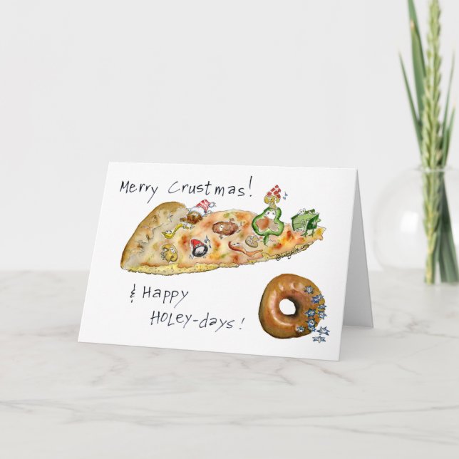 Cartoon Christmas Pizza and Donut Holiday Card (Front)