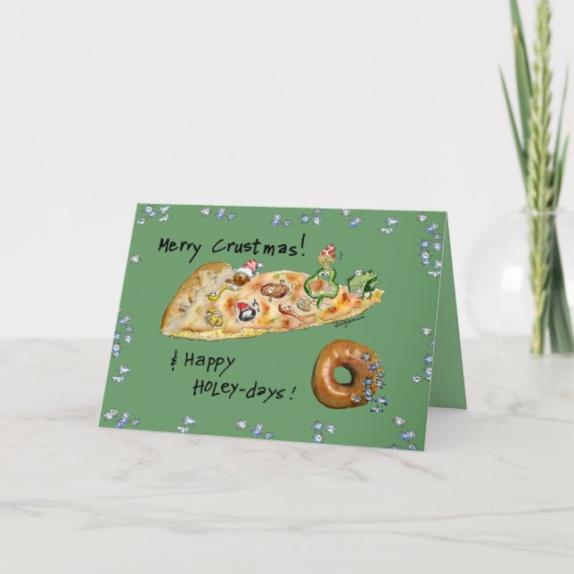 Cartoon Christmas Pizza and Donut Holiday Card (Front)