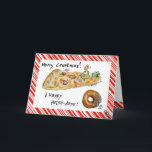 Cartoon Christmas Pizza and Donut Holiday Card<br><div class="desc">Have some humor with your holidays! These cartoon foods are having a pizza party to wish you "Merry Crustmas". There's dancing green peppers, a green pepper Christmas tree with a cute cartoon mushroom cap wearing a red cap. There's a pepperoni being a snow angel in the cheese and a sausage...</div>