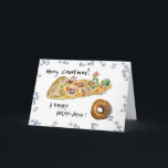 Cartoon Christmas Pizza and Donut Holiday Card<br><div class="desc">Have some humor with your holidays! These cartoon foods are having a pizza party to wish you "Merry Crustmas". There's dancing green peppers, a green pepper Christmas tree with a cute cartoon mushroom cap wearing a red cap. There's a pepperoni being a snow angel in the cheese and a sausage...</div>