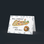 Cartoon Christmas Pizza and Donut Holiday Card<br><div class="desc">Have some humor with your holidays! These cartoon foods are having a pizza party to wish you "Merry Crustmas". There's dancing green peppers, a green pepper Christmas tree with a cute cartoon mushroom cap wearing a red cap. There's a pepperoni being a snow angel in the cheese and a sausage...</div>