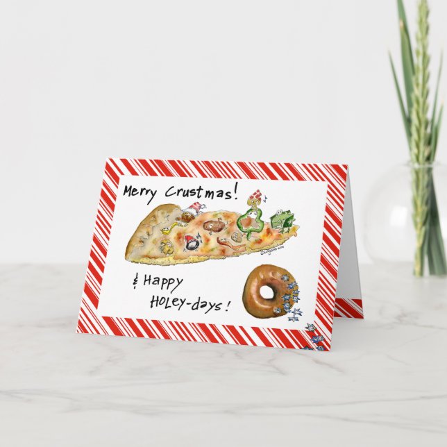 Cartoon Christmas Pizza and Donut Holiday Card (Front)