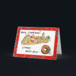 Cartoon Christmas Pizza and Donut Holiday Card<br><div class="desc">Have some humor with your holidays! These cartoon foods are having a pizza party to wish you "Merry Crustmas". There's dancing green peppers, a green pepper Christmas tree with a cute cartoon mushroom cap wearing a red cap. There's a pepperoni being a snow angel in the cheese and a sausage...</div>