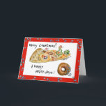 Cartoon Christmas Pizza and Donut Holiday Card<br><div class="desc">Have some humor with your holidays! These cartoon foods are having a pizza party to wish you "Merry Crustmas". There's dancing green peppers, a green pepper Christmas tree with a cute cartoon mushroom cap wearing a red cap. There's a pepperoni being a snow angel in the cheese and a sausage...</div>