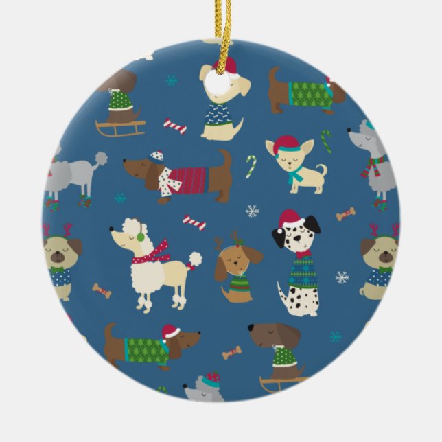 Cartoon Christmas Pups Ceramic Ornament (Front)