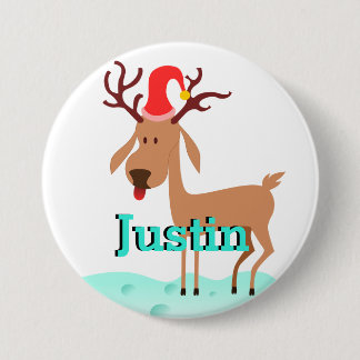 Cartoon Christmas Reindeer Stocking Name Tag Pinback Button