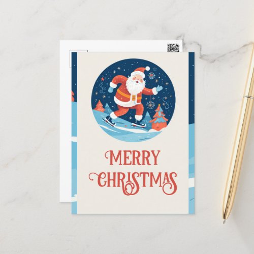 Cartoon Christmas Santa Claus Ice Skating Postcard