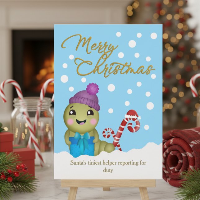 Cartoon Christmas Worm With Candy Cane Holiday Card (Looking for an adorable Christmas card where you get to design the message? This is the one.)