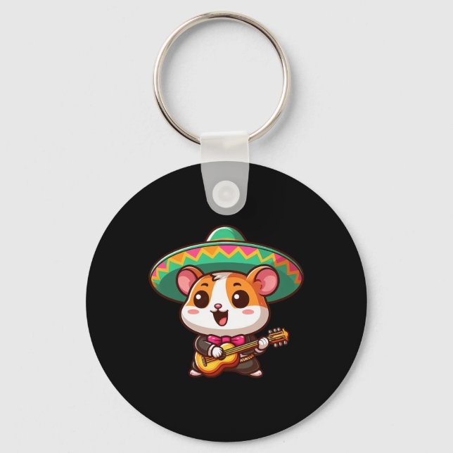 Cartoon Cinco De Mayo Hamster Mariachi Guitar Mexi Keychain (Front)
