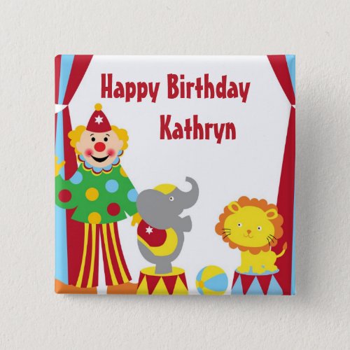 Cartoon Circus Clown and Animals Birthday Button