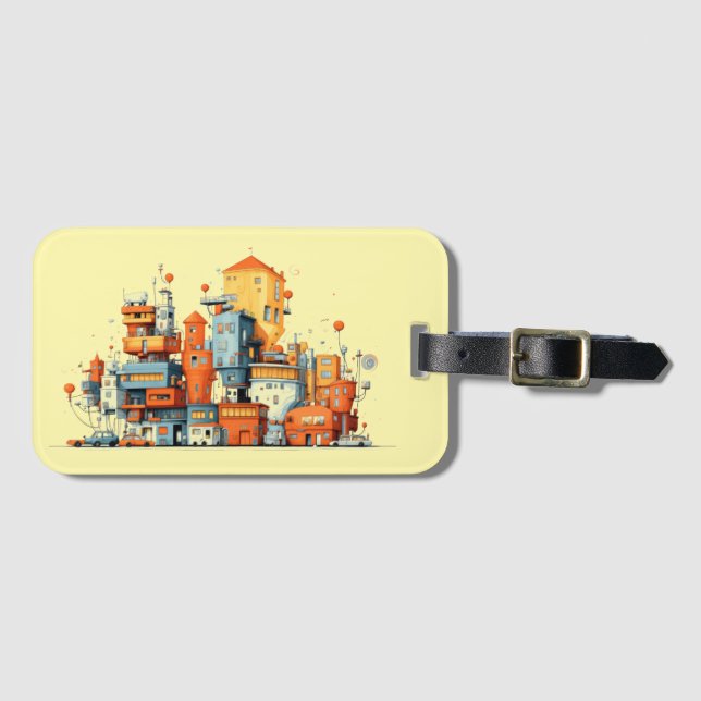 Cartoon City Animated Yellow Background Luggage Tag (Front Horizontal)