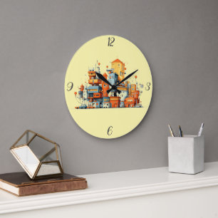 Cartoon City Colorful Urban Yellow Background Large Clock