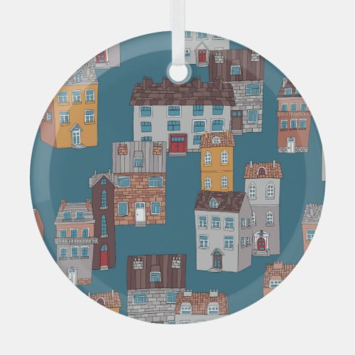 Cartoon City Vintage Wallpaper Glass Ornament